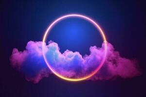 3d render, abstract cloud illuminated with neon light ring on dark night sky. Glowing geometric shape, round frame, generate ai photo