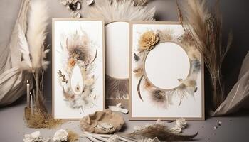 Empty template in boho style greeting cards, greeting or wedding card mockup with dried flowers. image photo