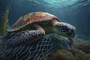 AI illustration of a turtle caught with fishing net. The concept of environmental protection. Sea, ocean turtle need to be freed from fishing nets. No to Dead turtles. photo