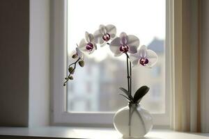Vase with orchid flowers on white table near window indoors , generate ai photo
