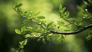 tierra día y mundo ambiente día, primavera, tropical árbol hojas y rama con hermosa verde bosque fondo, generar ai foto