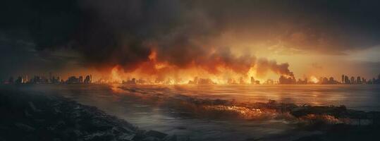 Post apocalypse. Nuclear apocalypse survivor. Ruined Cityscape. Concept. Banner size. Header, A nuclear explosion in the center of the metropolis. The beginning of apocalyptic, generate ai photo