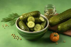 Bowl with tasty fermented cucumbers and ingredients on green background, generate ai photo