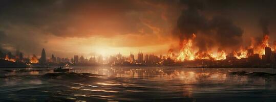 Post apocalypse. Nuclear apocalypse survivor. Ruined Cityscape. Concept. Banner size. Header, A nuclear explosion in the center of the metropolis. The beginning of apocalyptic, generate ai photo