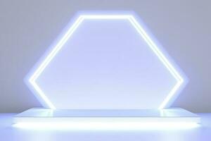 Realistic podium display with neon white lights, Product display background with light frame, White prodium product display with light effect, neon lights background, generate ai photo