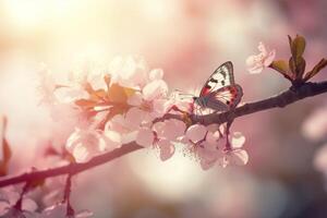 Spring banner, branches of blossoming cherry against the background of blue sky, and butterflies on nature outdoors. Pink sakura flowers, dreamy romantic image spring, landscape, AI Generative photo