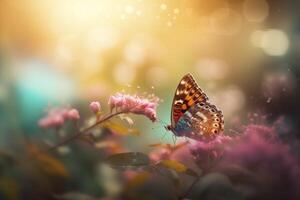 Field of daisies in golden rays of the setting sun in spring summer nature with an orange butterfly outdoors, photo