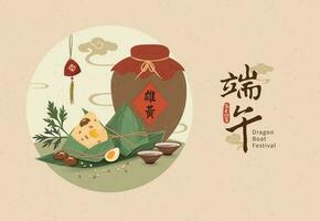 Duanwu Festival banner and rice dumplings with realgar wine in round frame vector illustration.