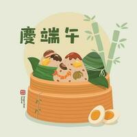 Dragon Boat Festival and rice dumplings with bamboo steamer vector illustration.