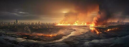 Post apocalypse. Nuclear apocalypse survivor. Ruined Cityscape. Concept. Banner size. Header, A nuclear explosion in the center of the metropolis. The beginning of apocalyptic, generate ai photo