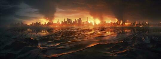 Post apocalypse. Nuclear apocalypse survivor. Ruined Cityscape. Concept. Banner size. Header, A nuclear explosion in the center of the metropolis. The beginning of apocalyptic, generate ai photo