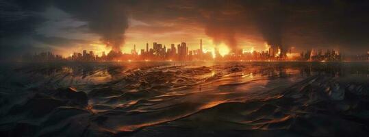 Post apocalypse. Nuclear apocalypse survivor. Ruined Cityscape. Concept. Banner size. Header, A nuclear explosion in the center of the metropolis. The beginning of apocalyptic, generate ai photo