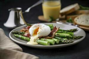 Benedict poached Duck egg with crispy bacon and fried asparagus on toasts for breakfast, generate ai photo