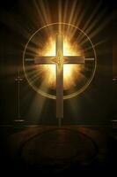 Religious cross abstract wallpaper with shining gold sparkles and radiant lights symbolism of heaven, generate ai photo