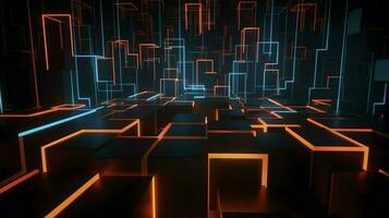 digital cg background, cg backgrounds sci-fi backgrounds, in the style of futuristic geometric abstraction, dark orange and light cyan, 32k UHD, neon, and fluorescent light, generat ai photo