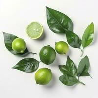 Fresh lemon with green leaves isolated on white background, generate ai photo