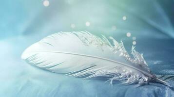 a bright blue background with one white feather, in the style of soft and dreamy pastels, glimmering light effects, nature inspired imagery, fairycore, soft focal points, generate ai photo