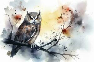 An owl perched on a tree branch in the moonlight watercolor painting, beautiful natural forms, crisp clean shapes, colorful, white background, generate ai photo
