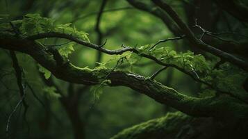 Earth Day and World Environment Day, Spring, Tropical tree leaves and branch with beautiful green forest background, generate ai photo