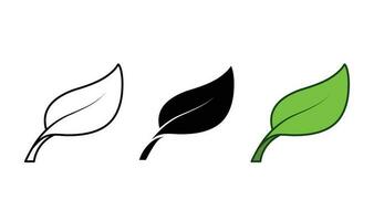 Leaf icon from outline only, black and white silhouette, and colored simple symbol isolated on horizontal white background. Simple flat outline cartoon vector icon drawing.