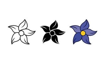 Flower icon from outline only, black and white silhouette, and colored simple symbol isolated on horizontal white background. Simple flat outlined cartoon icon drawing. vector