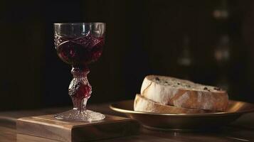 Adjarian khinkali and khachapuri with wine and sauce on a wooden table and stands, generate ai photo