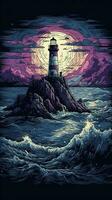 Lighthouse on a rock in stormy weather, generate ai photo