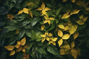 Foliage background with a variety of vibrant plant leaves showing a diverse ecosystem and the biodiversity of nature with unique gold plant leaves.  Earth day background. , generate ai photo