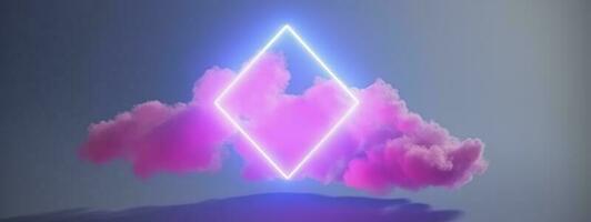 3d render, abstract minimal background with pink blue yellow neon light square frame with copy space, illuminated stormy clouds, glowing geometric shape, generate ai photo