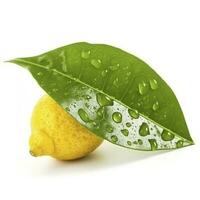 Citrus Lemon leaf with water drops isolated on white background, generate ai photo