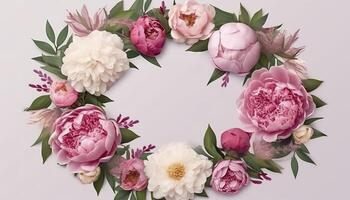 Wreath made of flowers. Floral round frame, wreath made of peonies flower buds and green leaves, botanical design, flat lay, top view, free space for text. image photo