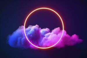 3d render, abstract cloud illuminated with neon light ring on dark night sky. Glowing geometric shape, round frame, generate ai photo