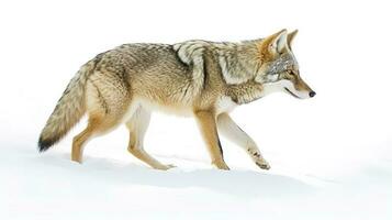 A lone coyote Canis latrans isolated on white background walking and hunting in the winter snow in Canada, generate ai photo