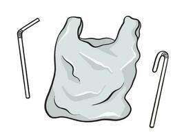 Grayscale plastic bag and straws vector illustration isolated on horizontal white background. Simple flat outlined cartoon art styled drawing.