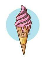 Strawberry and chocolate ice cream cone with spilling ice cream vector illustration isolated on vertical white and blue background. Simple flat outlined cartoon food drawing.