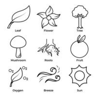 Nature botanical themed vector icons set collection isolated on square background. Simple flat outlined cartoon icon drawing with nature botanical theme from leaf, flower, tree, fungi, roots, sun.