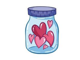 Pink hearts in glass jar with purple lid vector illustration isolated on white horizontal background. Simple and flat outlined cartoon romantic drawing. Love and romance themed artwork.