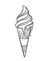 Ice cream spilling black and white outline only vector illustration isolated on vertical white background. Simple flat cartoon drawing for coloring books.