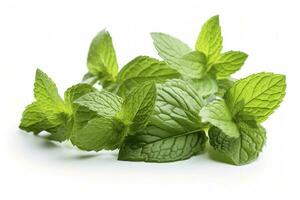 fresh green mint leaves isolated on white background, top view. Flat lay, generate ai photo