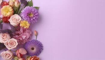 multicolored spring flowers on purple background , generate ai photo