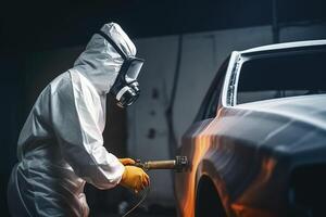 Car painter in protective clothes and mask painting a car, mechanic using a paint spray gun in a painting chamber. Bodywork, paint job, car service, bodypaint garage. image photo