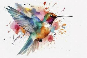 Create a beautiful painting of a hummingbird feeding on nectar watercolor painting, beautiful natural forms, crisp clean shapes, colorful, white background, generate ai photo