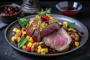 Traditional roasted Italian panettone tagliata di manzo with sliced beef steak and vegetables served close-up on a Nordic design plate, generate ai photo