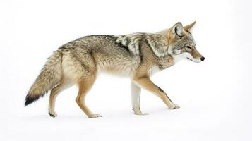 A lone coyote Canis latrans isolated on white background walking and hunting in the winter snow in Canada, generate ai photo