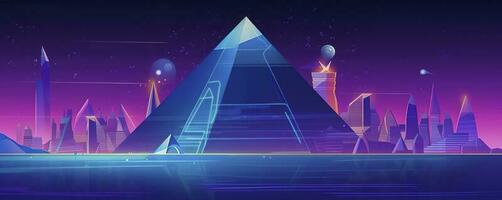 Retro Pyramids on 80s Synthwave Neon Landscape with Glowing Sun - Abstract Background Texture, generate ai photo