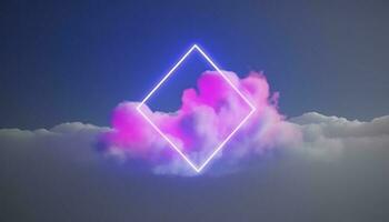 3d render, abstract minimal background with pink blue yellow neon light square frame with copy space, illuminated stormy clouds, glowing geometric shape, generate ai photo