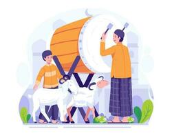 Happy Eid Al Adha Mubarak Greeting. Muslim person hitting a Bedug or Drum to Celebrate Eid Al Adha. Vector Illustration