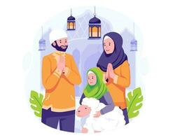 Happy Muslim Family Greeting Eid Al Adha Mubarak. Celebrate Eid Al Adha Islamic Sacrifice Tradition. Vector Illustration