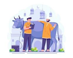 Happy Eid Al Adha Mubarak. Muslim People are preparing a cow to be sacrificed for Qurban on Eid Al-Adha. Vector Illustration