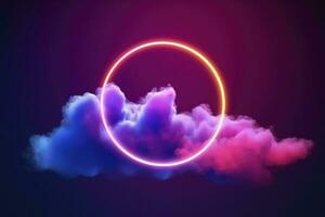 3d render, abstract cloud illuminated with neon light ring on dark night sky. Glowing geometric shape, round frame, generate ai photo